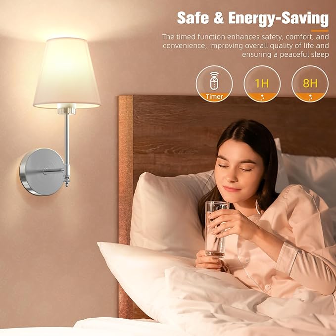 NIORSUN 14.5 inch Battery Operated Wall Sconce Set of 2,Brushed Nickel Rechargeable Wall Lights with 5200mAh Dimmable Bulbs and Remote,9 Colors Wireless Sconces for Bedroom Living Room Decor