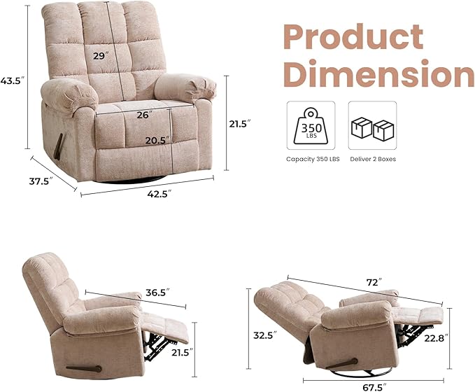 Oversized Swivel Rocker Recliner with Massage and Heat, 26" Extra Wide Manual Recliner for Adults & Big Man, Overstuffed Rocking Chair with High Back for Living Room, Beige Chenille