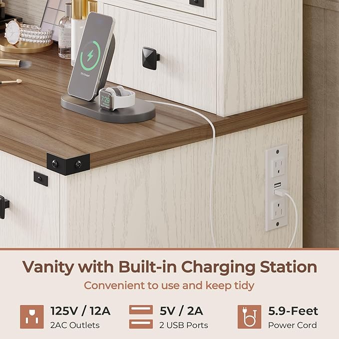 DICTAC Farmhouse Makeup Vanity Desk with Lighted Mirror & Power Strips, Vanity Table with Sliding Barn Door Hidden Shelves & 5 Drawers & 2 Cabinets, White Dressing Table for Bedroom, Lights Adjustable