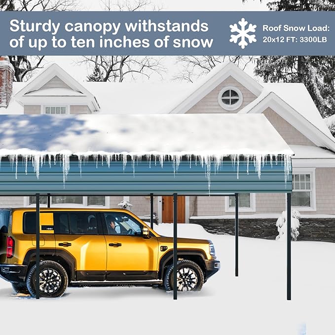 Metal Carport 12x20 FT Heavy Duty, Outdoor Steel Large Rv Car Ports Canopy with Galvanized Steel Roof and Frame, Car Shelter Protect from Sun and Heavy Snow for Pickup, Boat, Car and Tractors