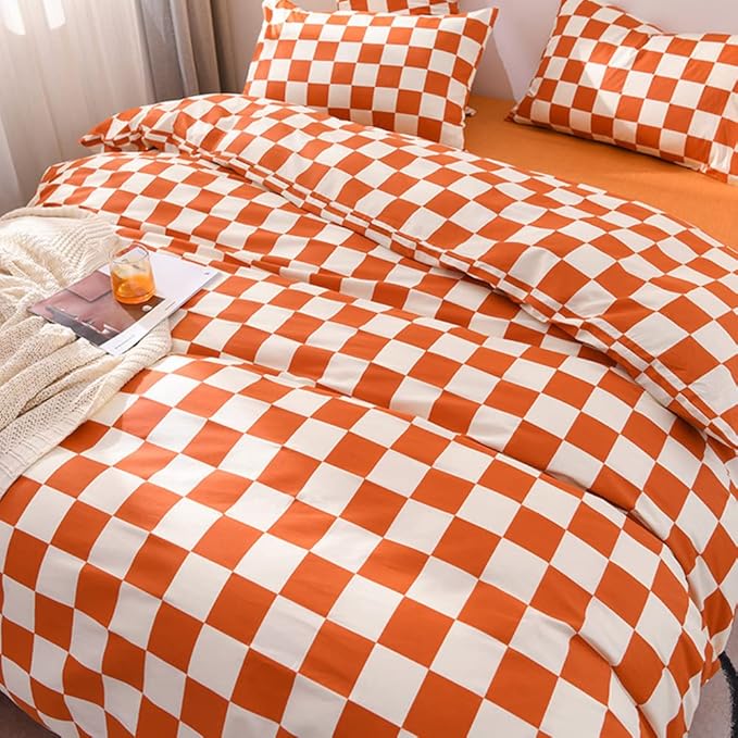 CLOTHKNOW Rust Beige Plaid Queen Comforter Set 3Pcs Grid Bedding Comforter Sets Soft Checker Queen Comforter Burnt Orange Queen Size Comforter Sets