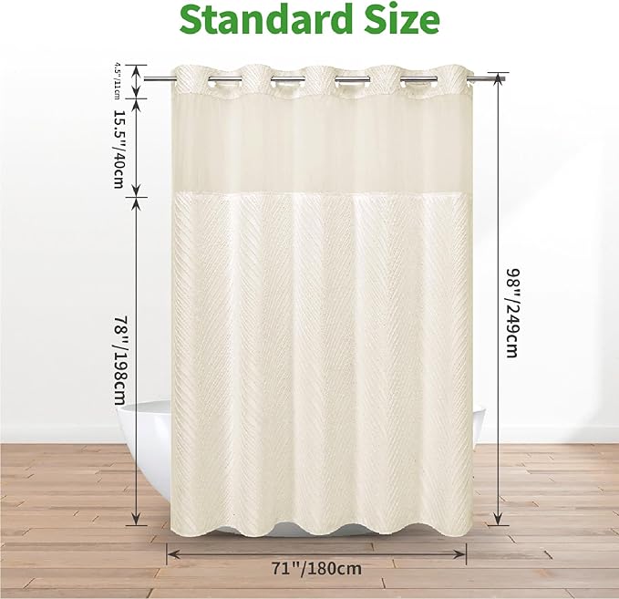no Hook Shower Curtain and Liner Set，Boho Style with See Through Top Window, Cream Fabric Tufted Striped Textured Outer Curtain & Waterproof Inner Liner, Beige/Cream, 71Wx98H
