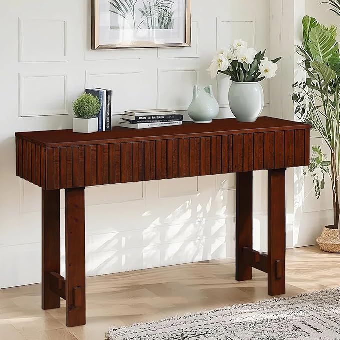 52" Console Table, Solid Wood Fluted Sofa Table Behind The Couch, Mid Century Farmhouse Entryway Table with 3 Drawers for Entrance, Hallway, Living Room, Foyer (Cherry)