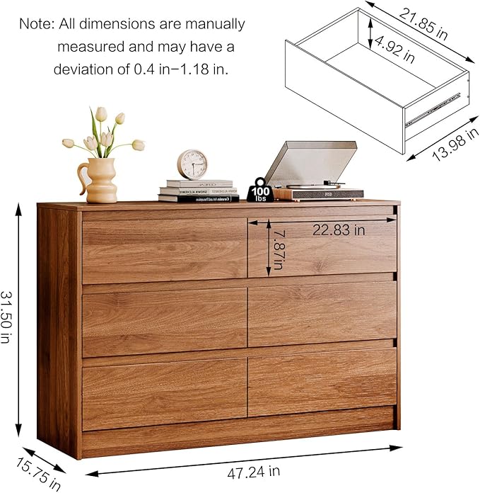 6 Drawer Dresser,47" Wide Mid Century Chest of Drawers,Wooden Bedroom Drawer Dresser with 6 Storage Drawers for Bedroom,Living Room,with Anti-Tipping Device,Dark Walnut