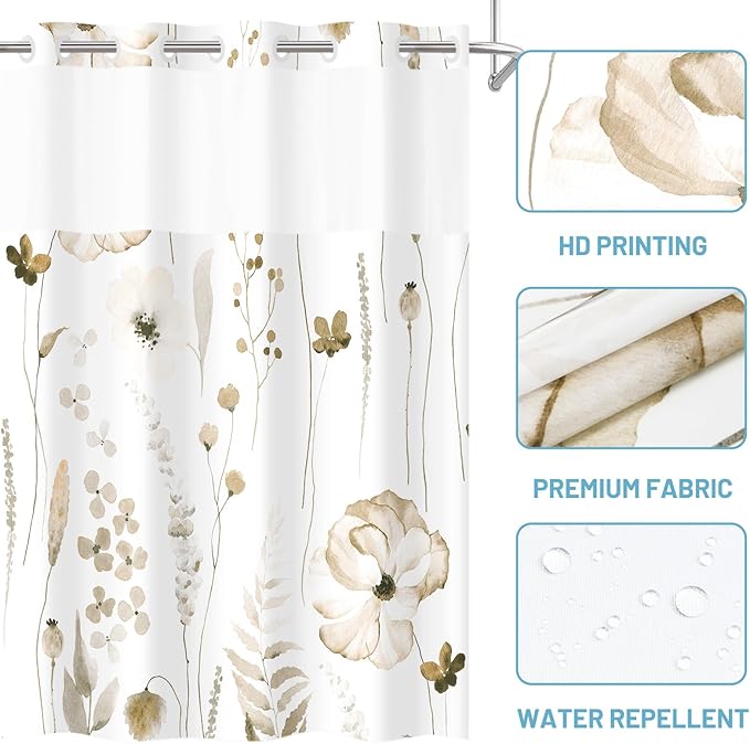 No Hook Shower Curtain with Snap in Liner - Floral Shower Curtain - Fabric Waterproof Inner Liner, Plants Watercolor Beige Modern Cloth Shower Curtains - Machine Washable, 71 x 74