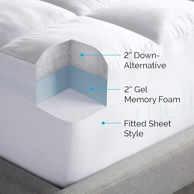 LUCID 4 Inch Down Alternative and Gel Memory Foam Mattress Topper - Three Toppers In One - Queen, Blue