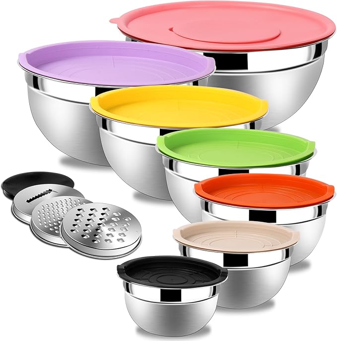 Lazycorner Stainless Steel Mixing Bowls with Airtight Lids Set of 7 Stainless Steel Bowls Set with 3 Grater Attachments Great for Serving & Baking