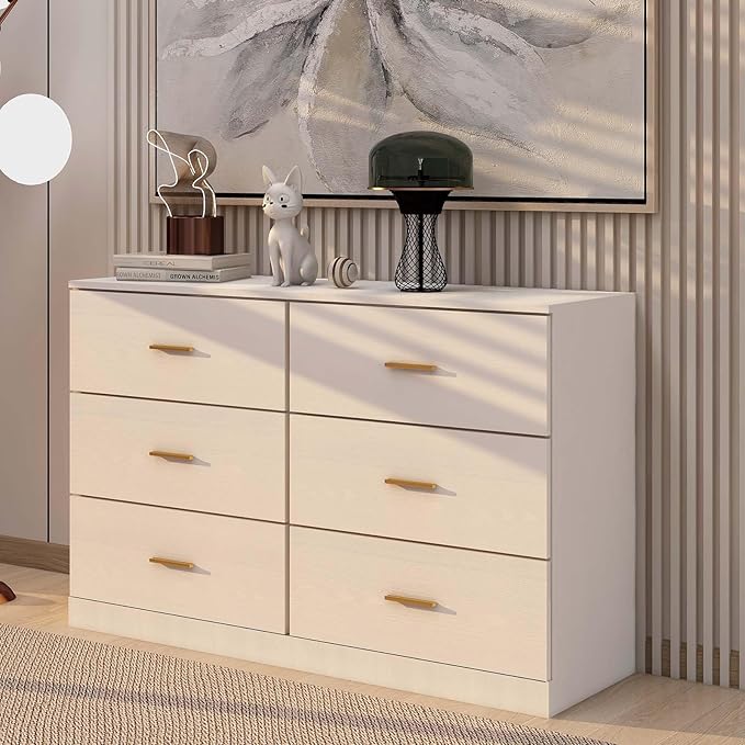 6 Drawer Dresser, Wide Chest of Drawers Organizer Storage with Drawers, Large White Storage Tower Unit, Modern Minimalist Closet Store Organizer for Bedroom or Living Room, Anti-Tipping Device (White)