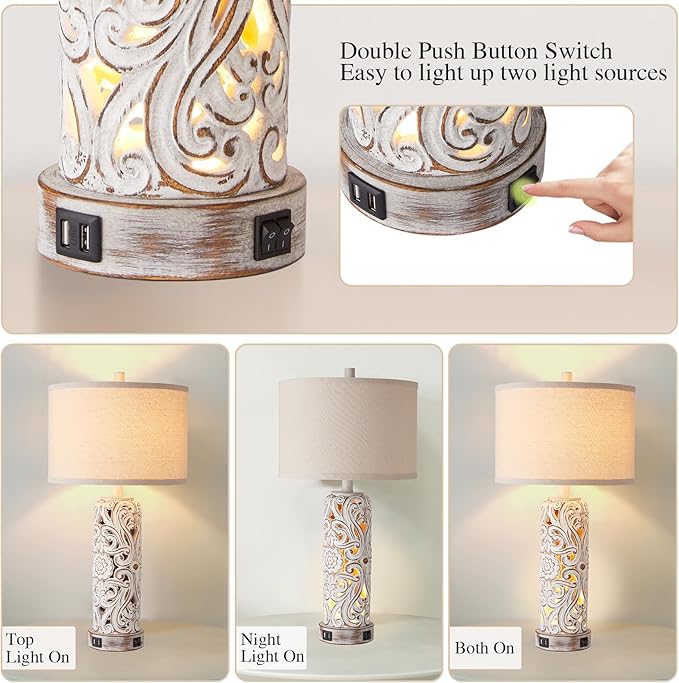 RORIANO Set of 2 Rustic Farmhouse Table Lamps for Living Room Bedroom, Vintage Bedside Lamp with Dual USB Port, Antique White Resin Retro Nightstand Lamps with Night Light