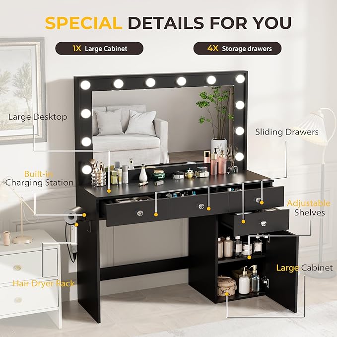 Vanity Desk with Mirror and Lights, 41.4'' Makeup Vanity Desk with 4 Drawers and Large Cabinet, 3 Lighting Modes Adjustable Brightness, Black Vanity with Power Outlet for Bedroom