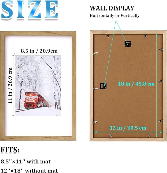 Egofine 12x18 Solid Wood Picture Frame, Made of Solid Wood Covered by Plexiglass 8.5x11 with Mat 12x18 without Mat, Poster Frame for Wall Mounting Photo Vertically or Horizontally, Carbonized Brown