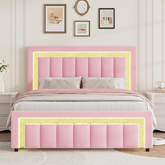 HOMBCK Queen Bed Frame with LED Lights and Velvet Upholstered Headboard, Bed Frame Queen Size with Modern Diamond Headboard Adjustable, Wooden Slats Support, Noise Free, No Box Spring Needed, Pink