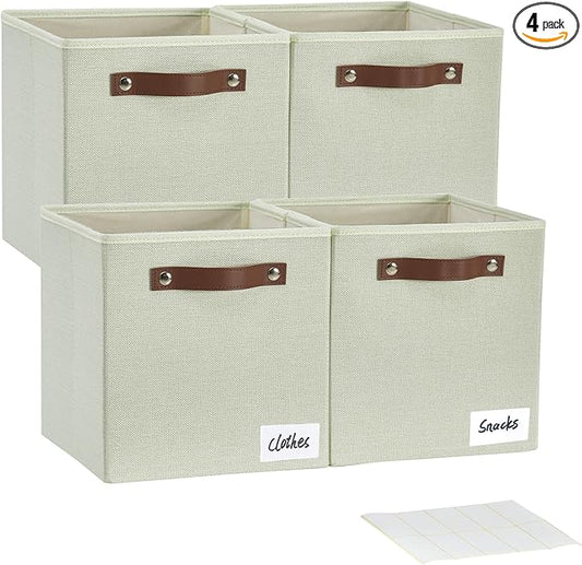 Collapsible Fabric Storage Cube Bins with 2 Reinforced PU Handles, Foldable Storage Organizer Baskets for Closet, Shelves, Living Room | 11"x11"x11", 4 Pack, Sage Green