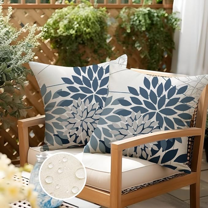 RABUSOFA Outdoor Pillow Covers 18x18 Inch Set of 2 Gray Blue Flower Decorative Waterproof Floral Outdoor Cushion Covers for Patio Funiture Garden Couch Decor