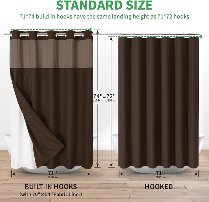 No Hooks Needed Linen Textured Shower Curtain with Snap-in Fabric Liner Set,Hotel Luxury Decor Shower Curtains for Bathroom with Mesh Top Window,Waterproof & Washable,71Wx74H,Brown