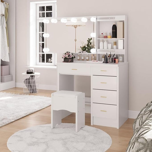 Vanity Desk with Mirror and Lights, Modern Makeup Vanity with Sliding Mirror and 10 LED Light Bulbs, Makeup Vanity Set with 5 Drawers, Hidden and Open Storage Shelves, Vanity Table for Bedroom, White