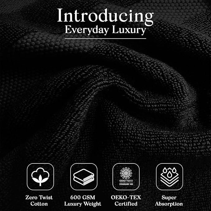 Zero Twist Bathroom Towel Set - Luxury Bath Towel Sets for Bathroom, Hands, and Washcloths - Quick Dry and Absorbent - 6 Pieces, 3 Stripe, Black