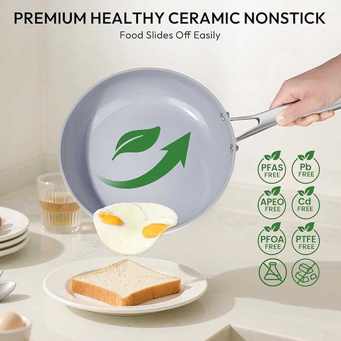 10-Piece Ceramic Nonstick Cookware Set - PFOA-Free Pots and Pans with Glass Lids, Healthy Cooking Easy Clean, Induction Compatible & Oven Safe, Includes Frying Pan, Saucepan, Stockpot - Cream White