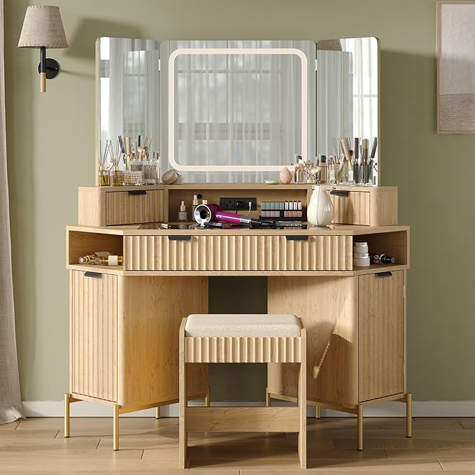 48'' Modern Vanity Desk with HD Triple Mirror & Lights,Large Corner Vanity Table with Glass Top, Charging Station,1Multifunctional Drawers & 2 Small Drawers, Dressing Table Set with 2 Cabinets, Oak