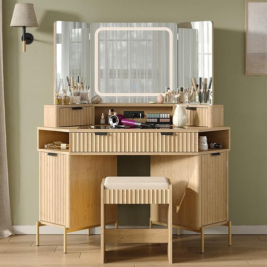 48'' Modern Vanity Desk with HD Triple Mirror & Lights,Large Corner Vanity Table with Glass Top, Charging Station,1Multifunctional Drawers & 2 Small Drawers, Dressing Table Set with 2 Cabinets, Oak