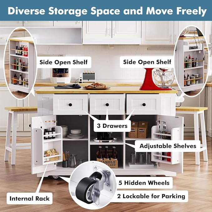 Rolling Kitchen Island with 2 Bar Stools, Kitchen Cart on Wheels with Drop Leaf, Mobile Kitchen Storage Cart with Power Outlet, 53 Inch Width (with 2 Bar Stools: White)