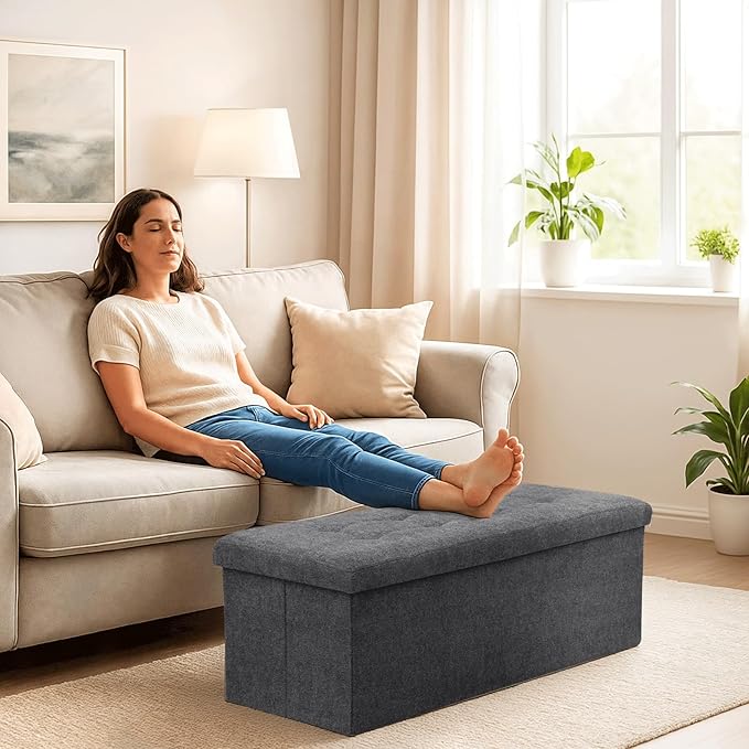 Storage Ottoman Bench, 43 Inch Ottoman Foot Rest, End of Bed Bench, Storage Chest, Load 700 lb, for Living Room, Bedroom, Entryway, Gray