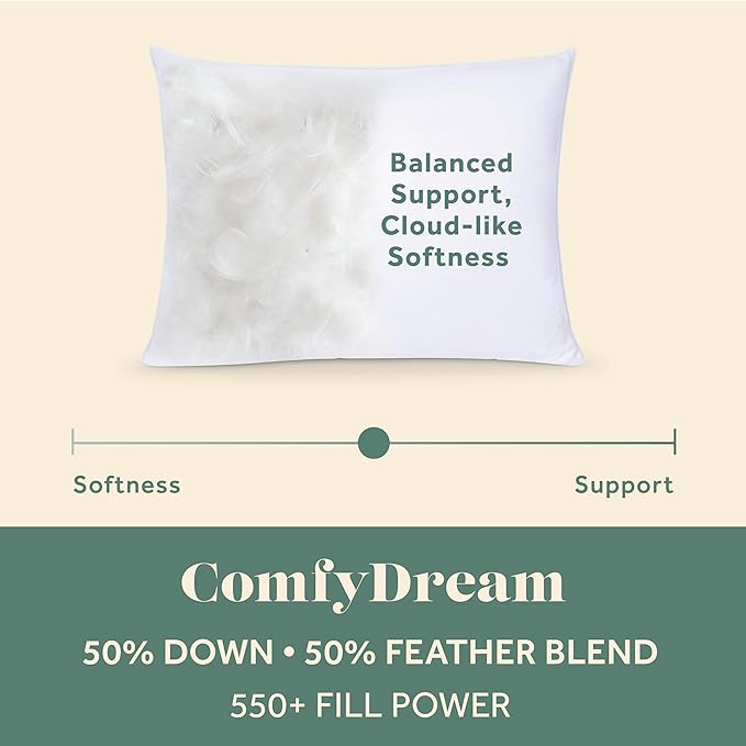 ComfyDown 50/50 Down Feather Blend ComfyDream Bed Pillow for Sleeping, Egyptian Cotton Cover, Made in USA, King Size (King)
