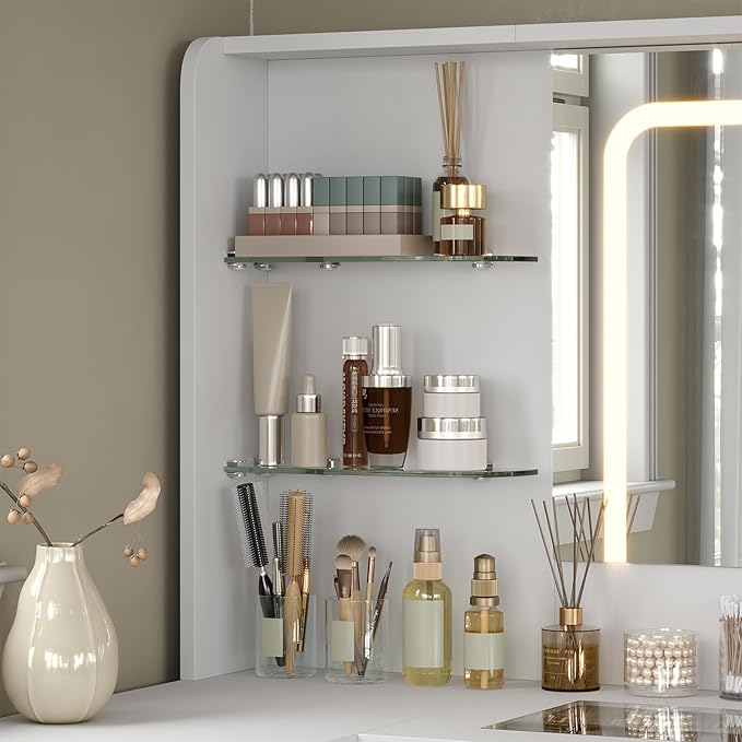 Vanity Desk with Mirror and Lights, 43" Big Modern Vanity Desk, Transparent Top Vanity with 2 RGB Drawers, with Power Outlet & Stool, Modern Ample Storage Dressing Table, White