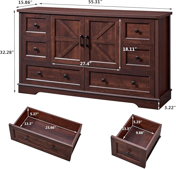 LIDYUK 6 Drawer Cherry Wood Dresser for Bedroom Farmhouse Dresser Chest of Drawers, 55" Wide Clothes Organizer with Storage Cabinet Wood Chest of Drawers for Bedroom, Living Room