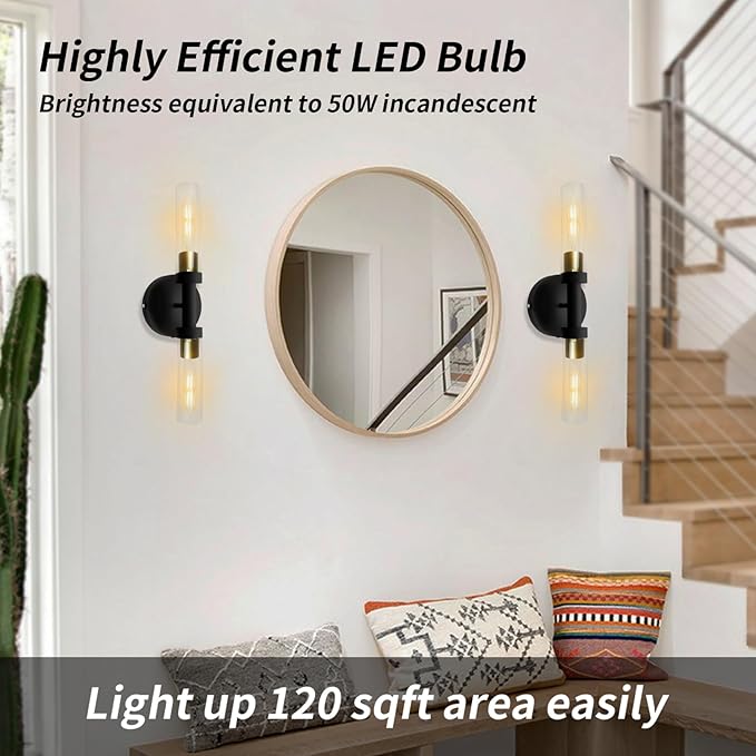 Rechargeable Battery Operated Wall Sconce Set of 2, Dimmable Wall Light with Touch Control, Wireless Bathroom Vanity Lights Over Mirror, Modern Wall Lamp for Living Room Hallway, Black Gold