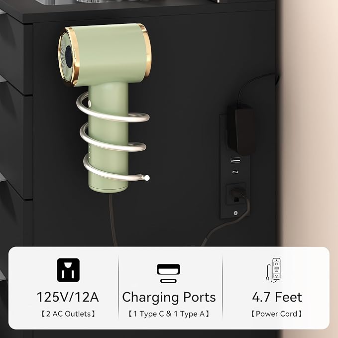 YITAHOME Lighted Vanity Table with Glass Top, 11 Drawers & Storage Stool, Makeup Desk with Smart Mirror, Touch LED Lights, Charging Ports & Hair Dryer Holder