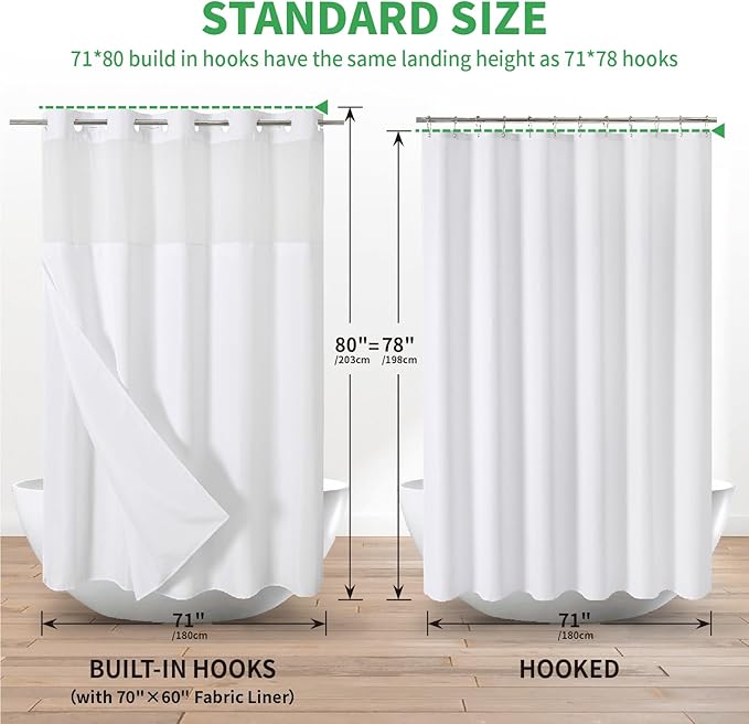 Long No Hooks Needed Linen Textured Shower Curtain with Snap-in Fabric Liner Set,White Hotel Luxury Decor Shower Curtains for Bathroom,Waterproof & Washable,71Wx80H