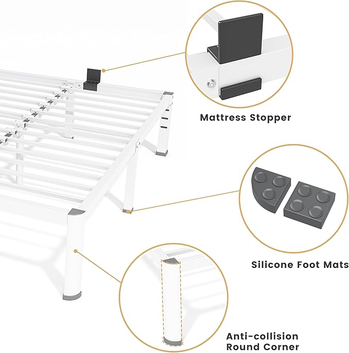 14 Inch Full Bed Frame, Metal Platform Bed Frame with Round Corner Legs, 3500 lbs Heavy Duty Steel Slats Support, No Box Spring Needed, Noise Free, Easy Assembly, White