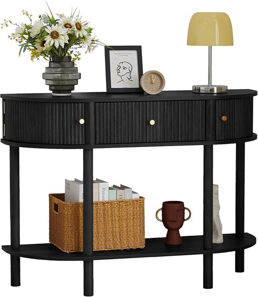 43.3“ Fluted Half Moon Console Table, Modern Entryway Console Sofa Table with Storage, Narrow Wood Accent Tables Behind Couch Tables for Living Room, Hallway, Foyer(Black)