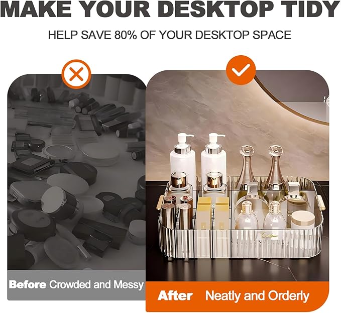 DASITON Large Capacity Makeup Organizer,12 Slots Makeup Brush Holder,Makeup Storage with Handle,Vintage Striped Cosmetic Organizer for Bathroom Countertops,Desk Storage Container(Clear)