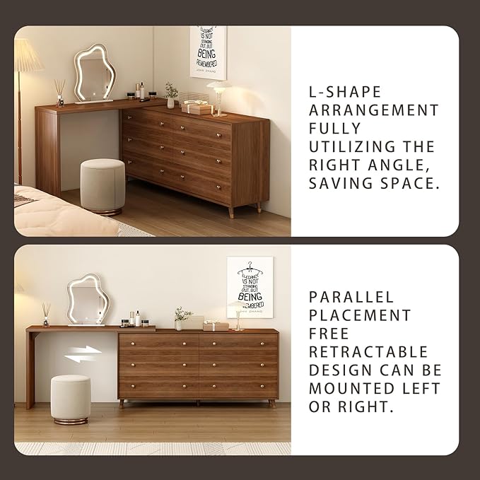 Makeup Vanity Desk Set with Cloud-Pattern HD Lighted Mirror and Stool, 60-100in Extendable Modern Vanity Table, 6-Drawer Solid Wood Frame Storage Cabinet, Bedroom Dressing Table, Brown