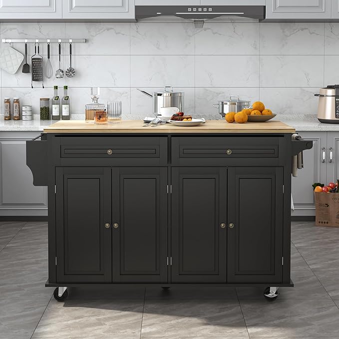 59" Kitchen Cart with Wood Top and Drop Leaf Breakfast Bar, Rolling Mobile Kitchen Island Table on Wheels with Drawer and Storage Cabinet, Spice Rack, Towel Rack, Black