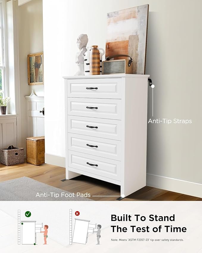 Pipishell White 5 Drawers Dresser Chests for Bedroom, 42.7 Inch Tall Wooden Dresser, Modern Storgae Organizer with Large Drawers & Bar Handles for Bedroom, Entryway, Hallway, White