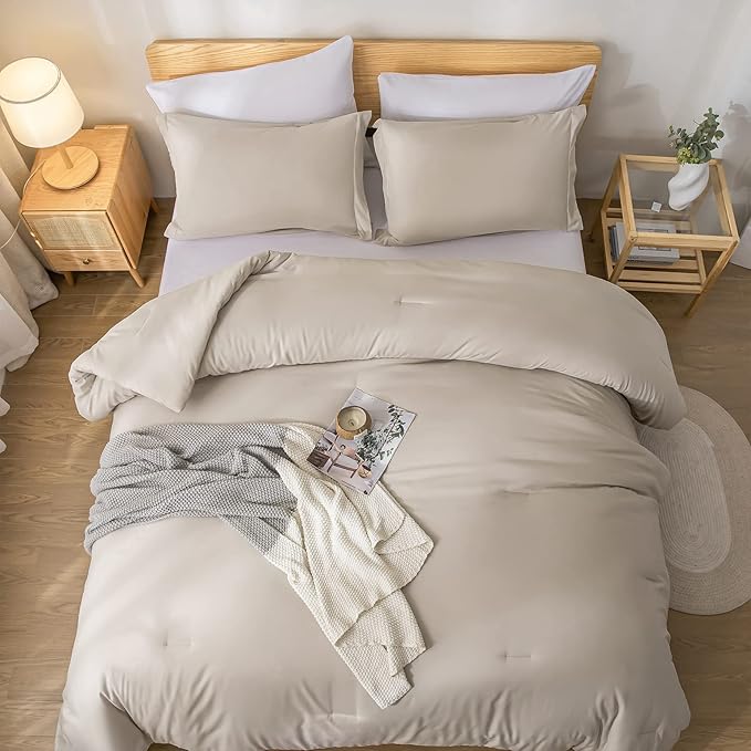 weigelia Full Size Comforter Set 7 Pieces Oatmeal Comforter Set Microfiber Comforters Full Size with Sheets Soft Fluffy Bedding Set with Sheets for All Season