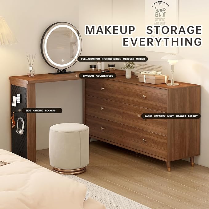 Makeup Vanity Desk with Full Aluminum HD Lighted Mirror, 50-90in Extendable Modern Vanity Table, 6-Drawer Solid Wood FrameStorage Cabinet, Dressing Table for Bedroom (Brown, 6-drawer-47.2)