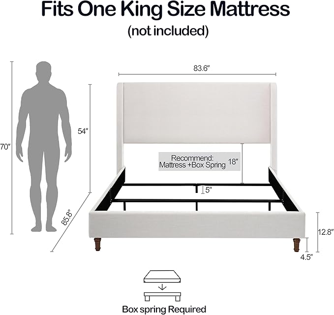 GDFStudio Tall Headboard Upholstered Bed,King Size Platform Bed Frame with Chenille Wingback Headboard, Without Wooden Slats,Box Spring Required,Easy Assembly,Elegant Simplicity 54" High Ivory