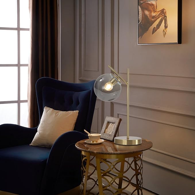 Mid Century Desk Lamp Glass Globe Table Lamp with Gray Glass lampshade Gold Modern Bedside Lamps for Bedroom Living Room Study Room