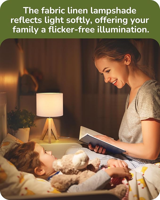 EDISHINE Small Cute Table Lamp, Wood Tripod Nightstand Lamp, Mid Century Bedside Lamp with Linen Fabric Shade for Nursery, Living Room, Bedroom, End Table, UL Listed, 14.2 Inch, ON/Off Switch