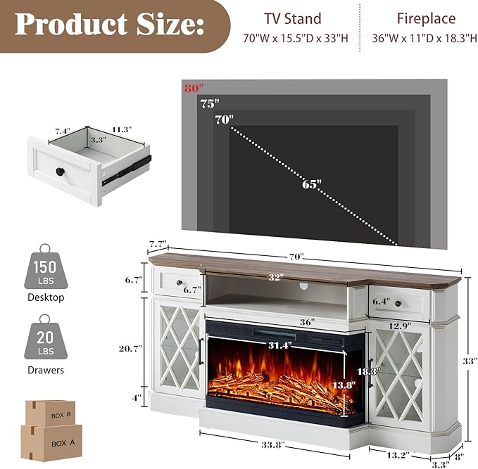 Farmhouse TV Stand with 3-Sided Glass Fireplace, 70" Entertainment Center for TVs up to 80", TV Stand with Glass Doors/Adjustable 12 Color Flame for Living Room, Distressed White