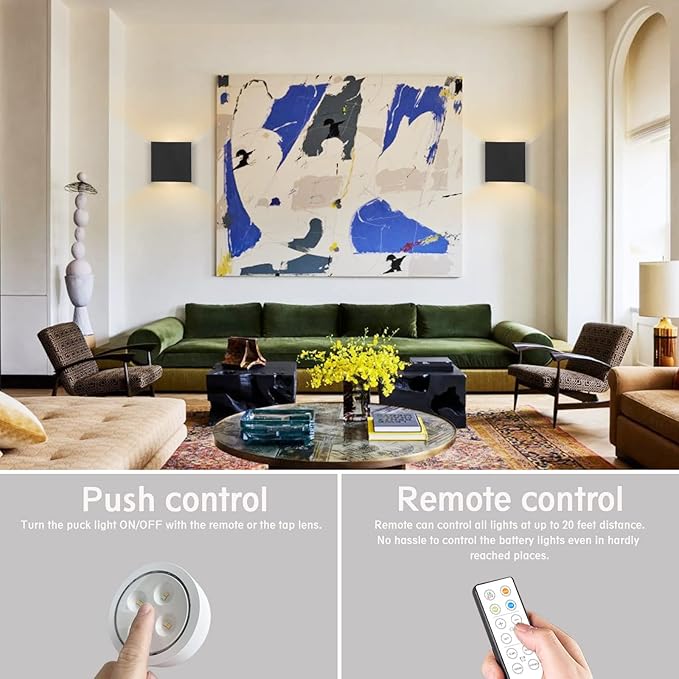 HEQIQEH Modern Style Battery Operated Wall Sconces, LED Cube Indoor Up and Down Wall Lamp with Remote Control, Dimmable Cordless Wall Lighting Fixtures for Living Room,Bedside (Black - 2 Pack)