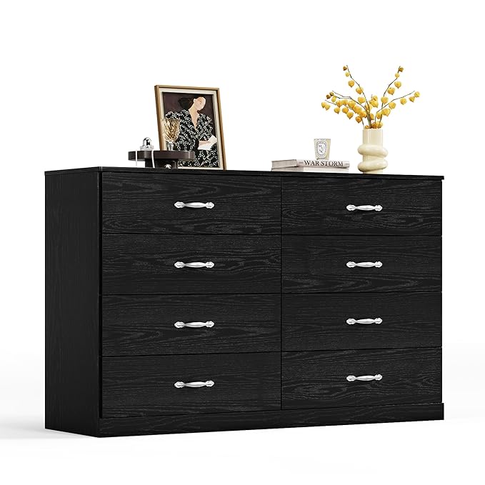 LINSY HOME 8 Drawer Dresser for Bedroom, 54" Wide Chest of Drawers, Modern TV Stand Dressers with Wood Frame and Metal Handles, Large Drawer Organizer for Bedroom, Living Room, Black