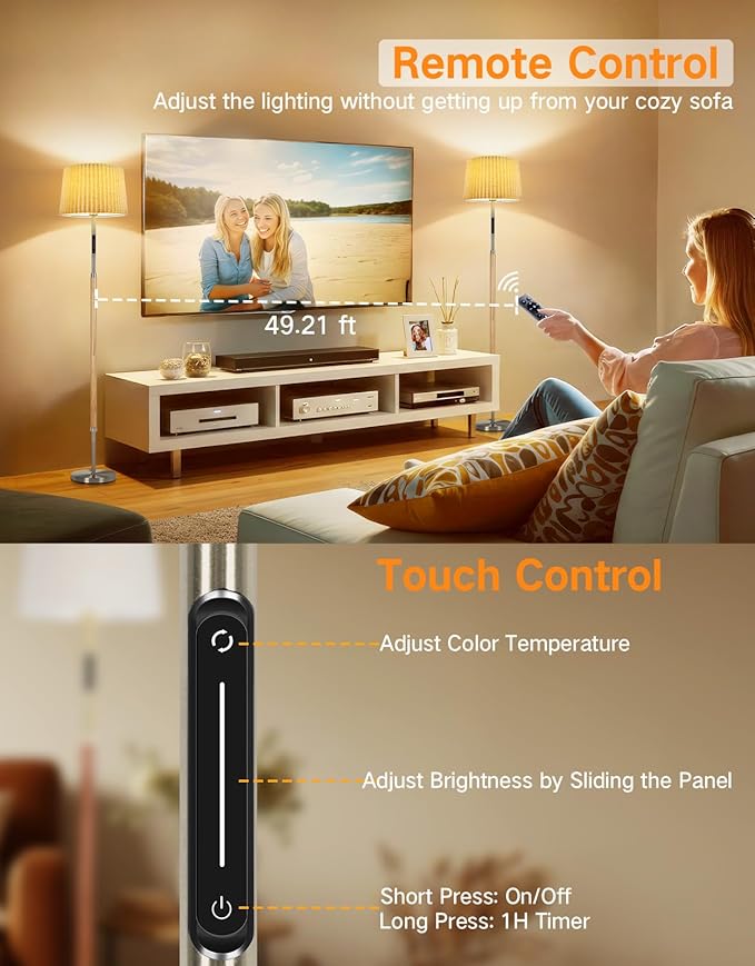 OUTON Wood Floor Lamp, Mid Century LED Modern Dimmable Standing Lamp with Remote & Touch Control, 4 Color Temperatures, Tall Floor Lamps for Living Room, Bedroom, Office, Wood