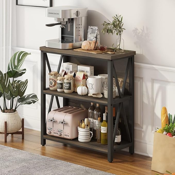 FATORRI Rustic Small 3 Shelf Bookshelf for Living Room, Industrial Low Wood Bookcase, Farmhouse Short Book Shelf for Small Space (Walnut Brown)