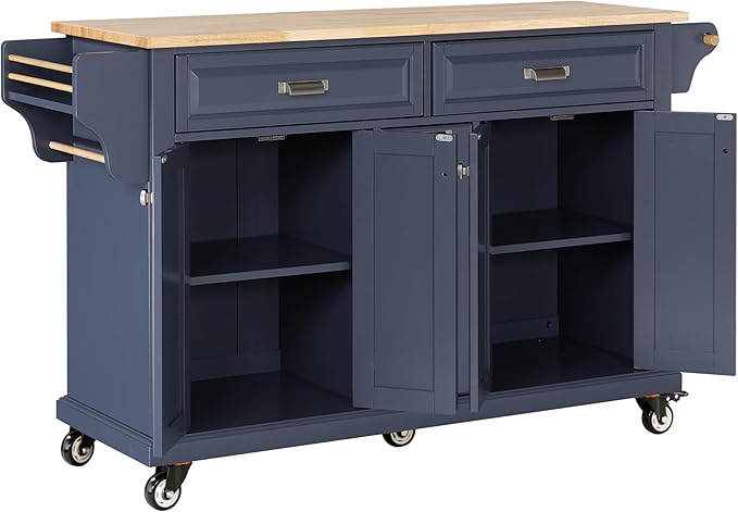 Rolling Solid Wood Kitchen Island with Rubberwood Top, 3 Drawers, 2 Cabinets, Adjustable Shelves, Spice Rack & Locking Wheels – Painted Finish, Navy Blue