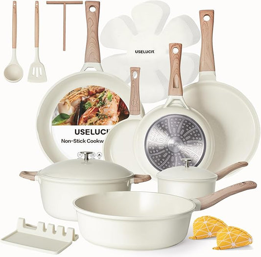 21Pcs Pots and Pans Set with Aluminum Lid, Nonstick Ti-Ceramic Cookware Sets, Induction Cookware Non Stick Cooking Set w/Frying Pans & Saucepans(PFOS, PFOA Free)-White